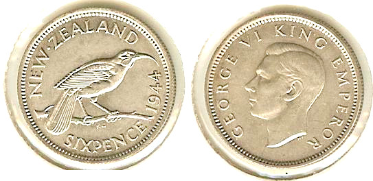New Zealand 6 Pence 1944 AU/UNC